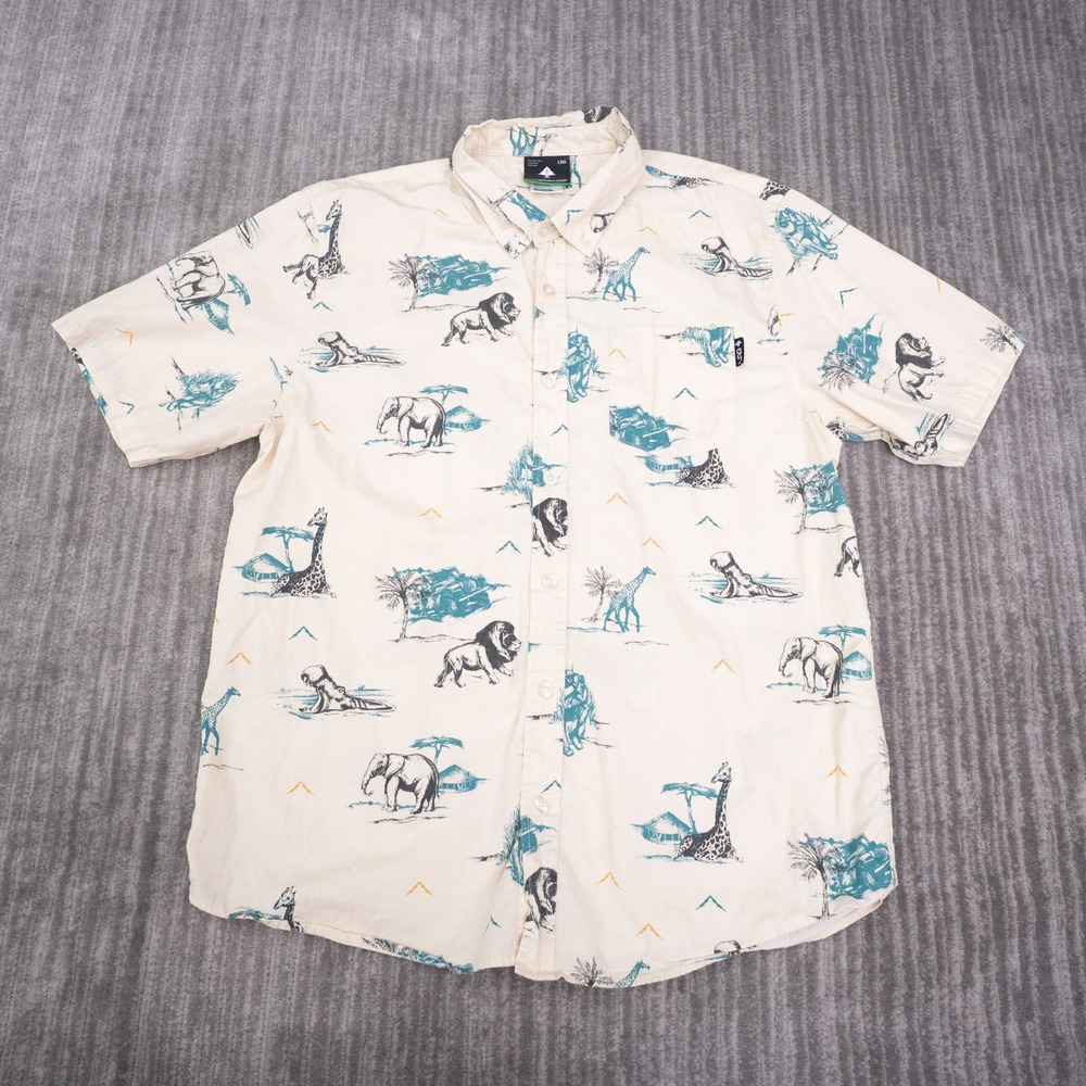 LRG‎ Button Down Shirt Men Medium Cream Safari Print Short Sleeve Cotton